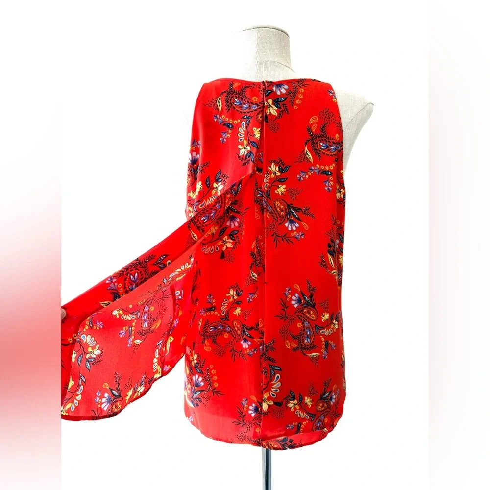 Emma & Olivia Red Floral Sleeveless Layered Flowy Lightweight Crepe Boho Top - Picture 6 of 8